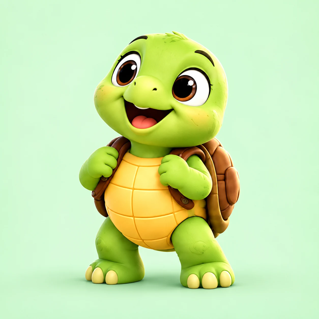 Timo, a lime-green turtle with a golden belly, brown shell and small backpack