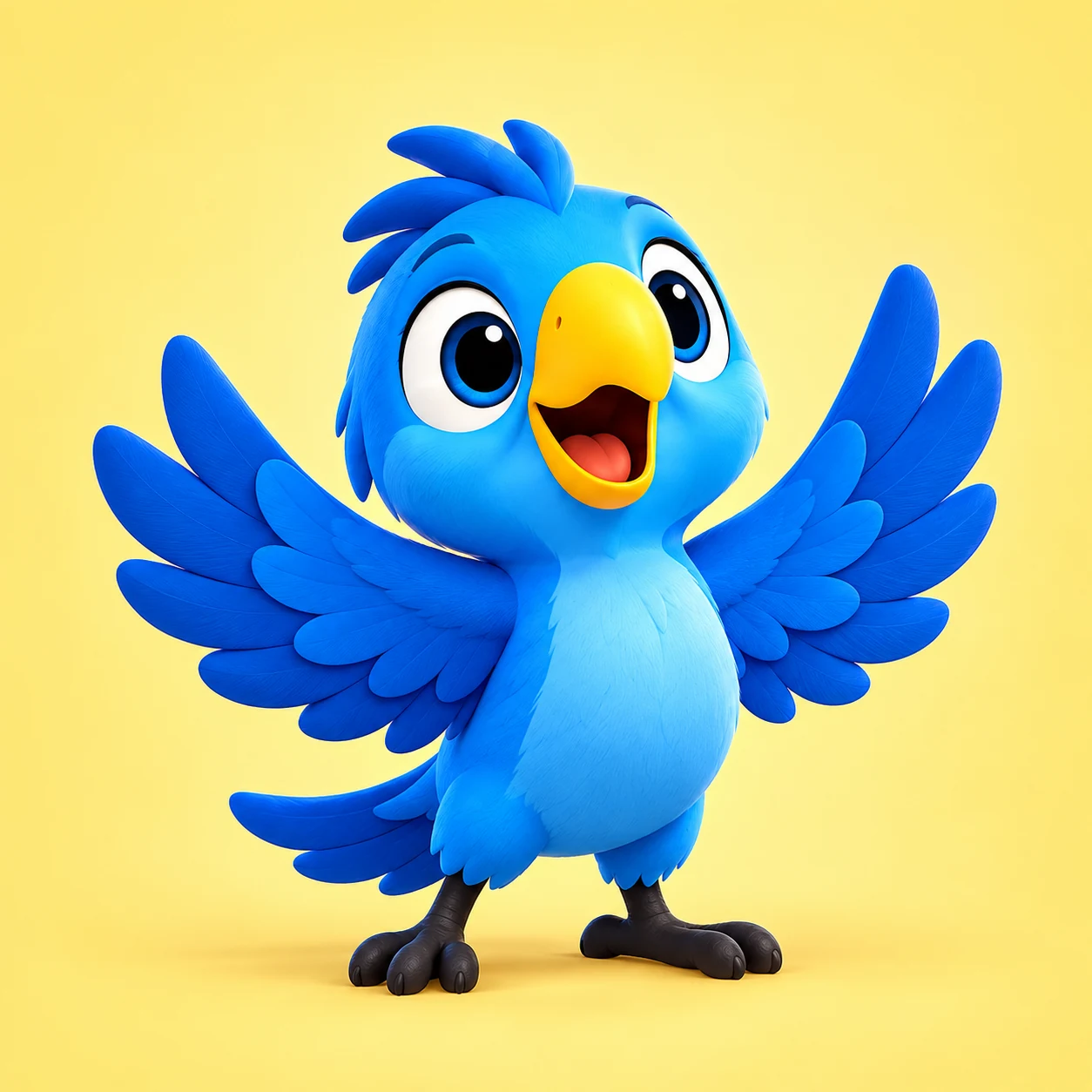 Young Chirpy, a bright blue parrot with a yellow beak and open wings
