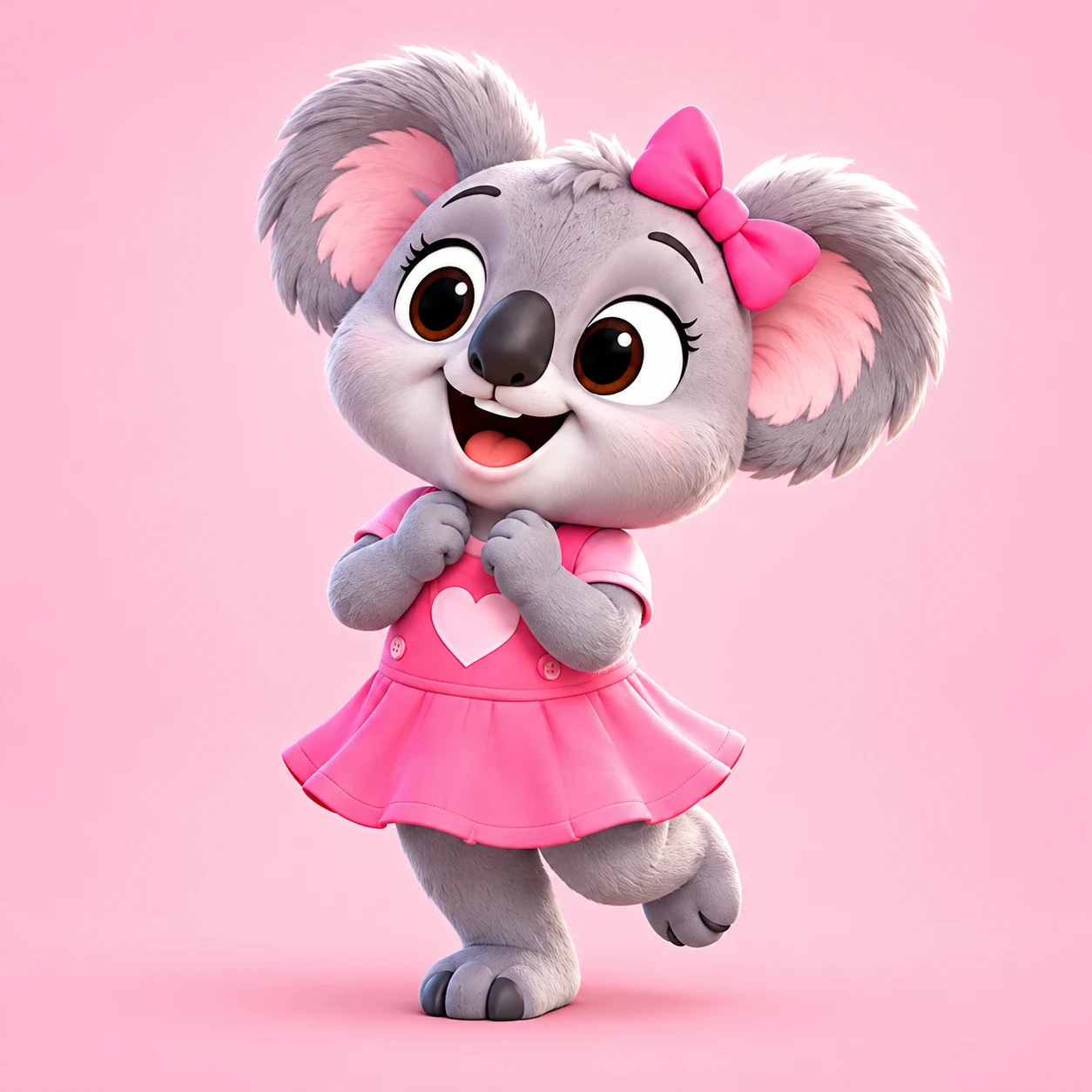 Kiki, a gray koala in a pink dress with a heart and a pink bow